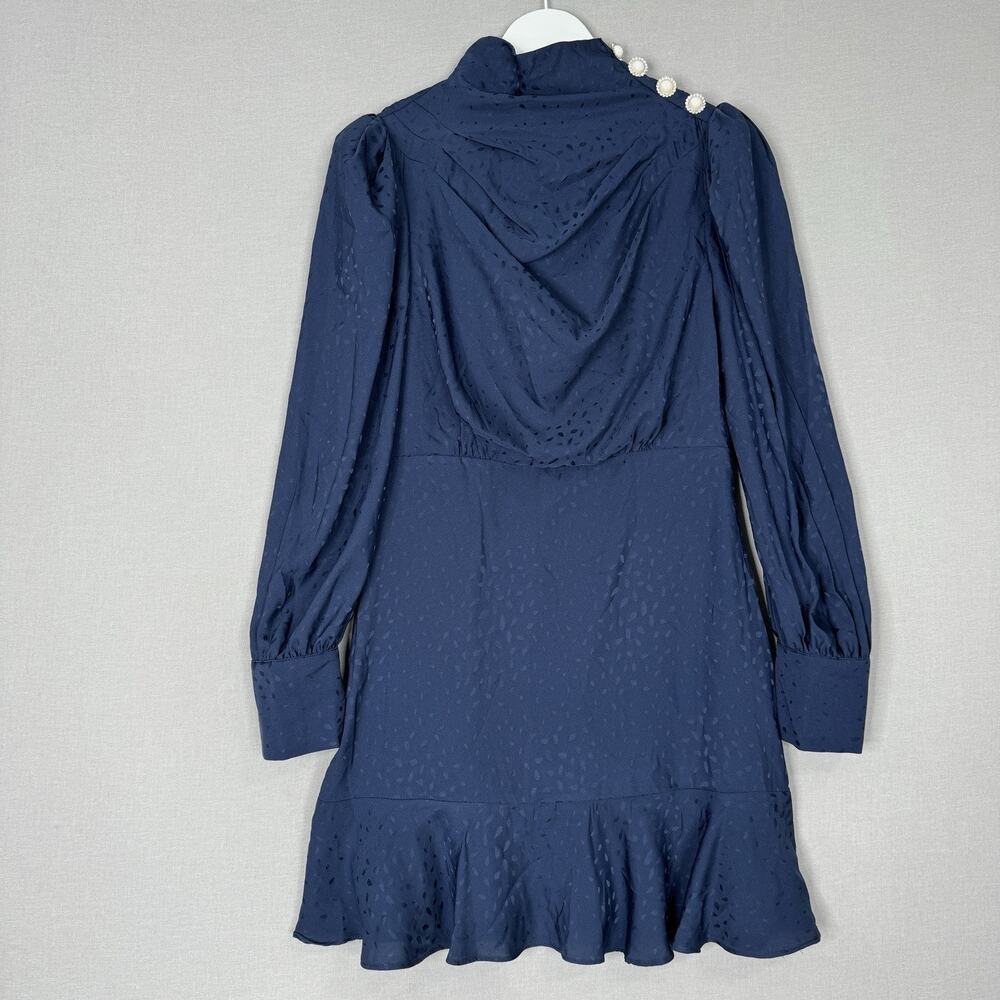 Aqua Womens Dress M Blue Pearl Button Shoulder Satin‎ Mock Neck Cocktail Retro